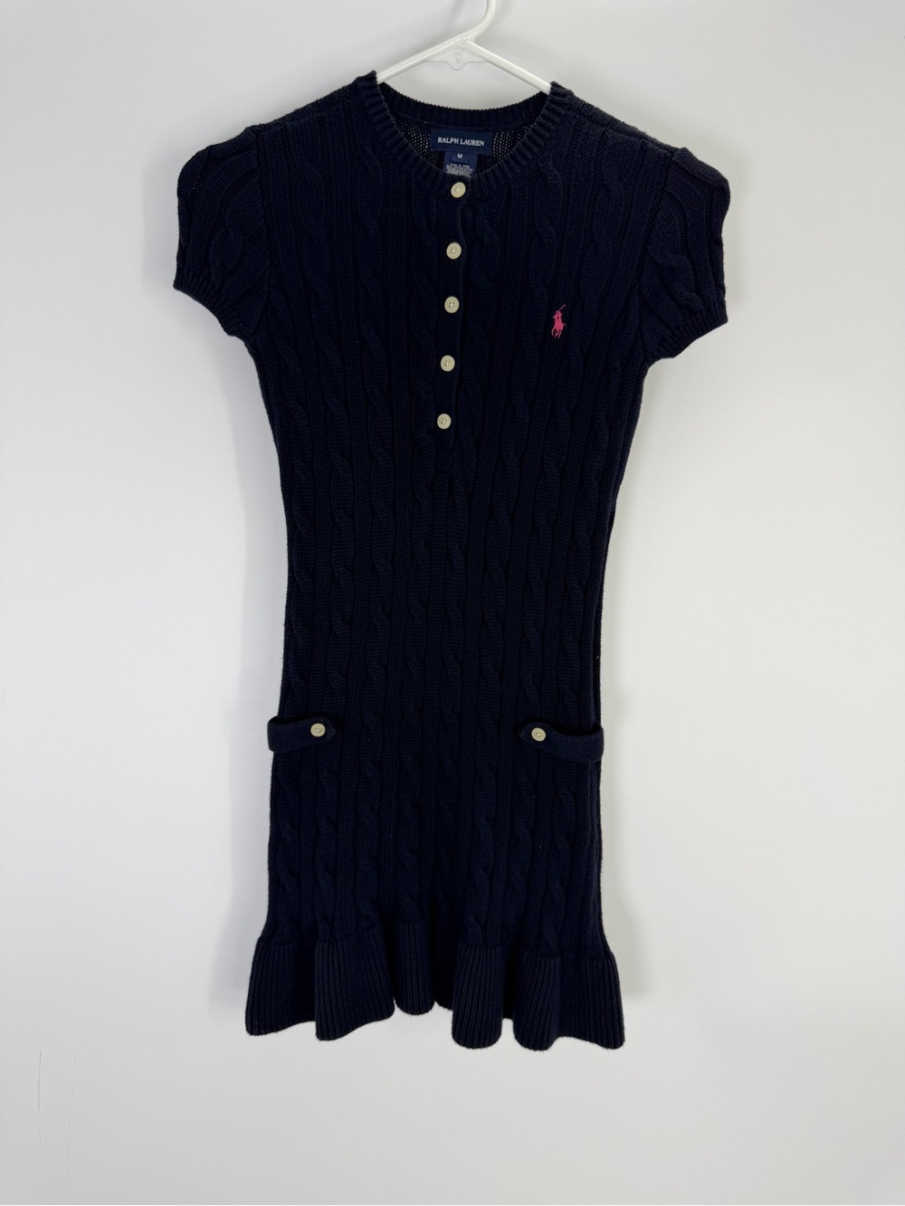 Ralph Lauren Girls Navy Cable Knit Short Sleeve Sweater Dress Medium